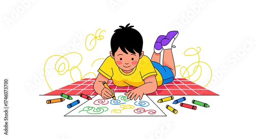 Illustration of a child drawing with crayons on a white paper for hobbies and leisure