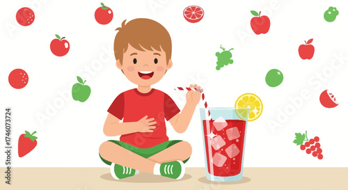 Illustration of a child drinking juice surrounded by fruits on a white background