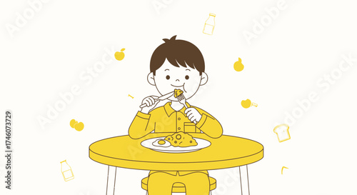 Illustration of a child eating breakfast at a table, healthy eating concept