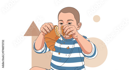 Illustration of a child eating a croissant, showing enjoyment and appetite in vibrant colors