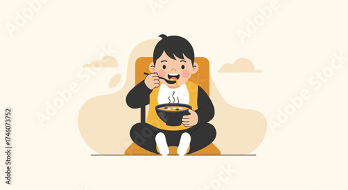 Illustration of a child eating soup. Cartoon child enjoying a meal in a comfortable scene