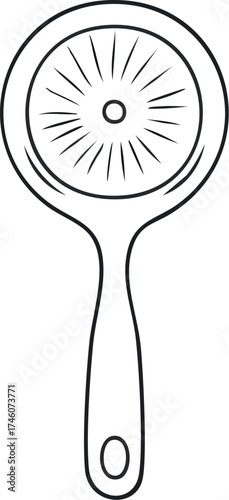 A simple, black and white illustration of a hand-held cocktail strainer.