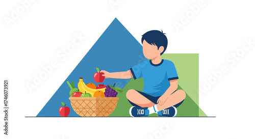 Illustration of a child with fruits in a woven basket for healthy eating concepts