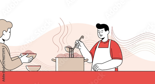 Illustration of a cook serving pasta with a ladle in a restaurant kitchen setting
