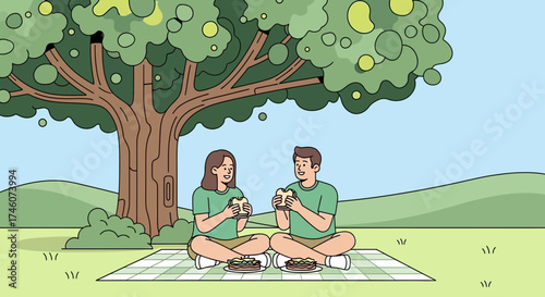Illustration of a couple enjoying a picnic in the park under a big tree together