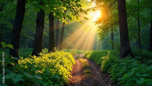 Wallpaper Mural Serene Woodland Path at Dawn Sunlight filters through lush leaves illuminating a tranquil path winding through untouched greenery, perfect for nature, travel, and environmental projects. Torontodigital.ca