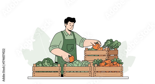 Illustration of a farmer arranging fresh vegetables in wooden crates at a market