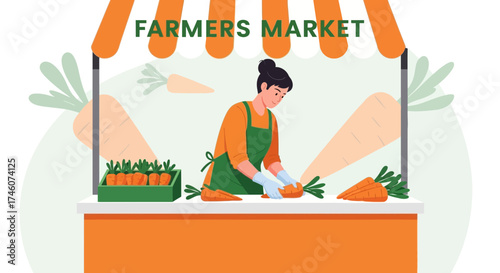 Illustration of a farmer at a farmers market selling fresh carrots, vegetables