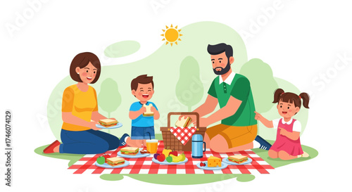 Illustration of a family enjoying a picnic with sandwiches and refreshments in the park