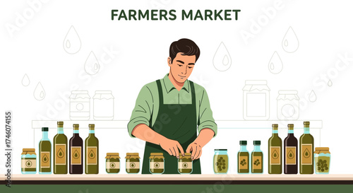 Illustration of a farmer at a farmers market, selling jars and bottled goods