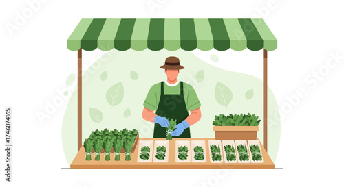 Illustration of a farmer at a market stall selling fresh organic produce