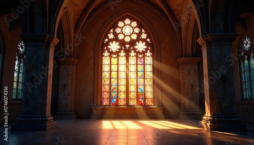 Wallpaper Mural Light Streams Through Stunning Arched Stained Glass Window, Illuminating a Tranquil Interior Space. Perfect for Spirituality, Faith, Architecture, and Light Themes. Torontodigital.ca