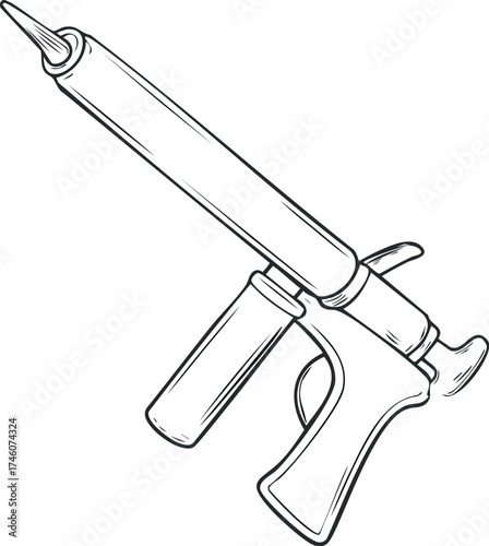 Line drawing illustration of a caulking gun, ready for use.