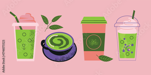 Set collection of Matcha drinks icon clipart avatar logotype isolated illustration