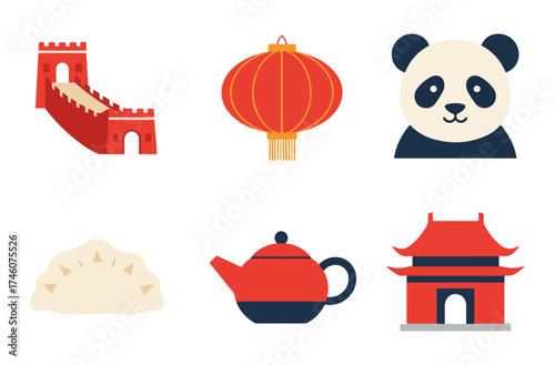 Collection of colorful illustrations representing iconic symbols and elements of Chinese culture.