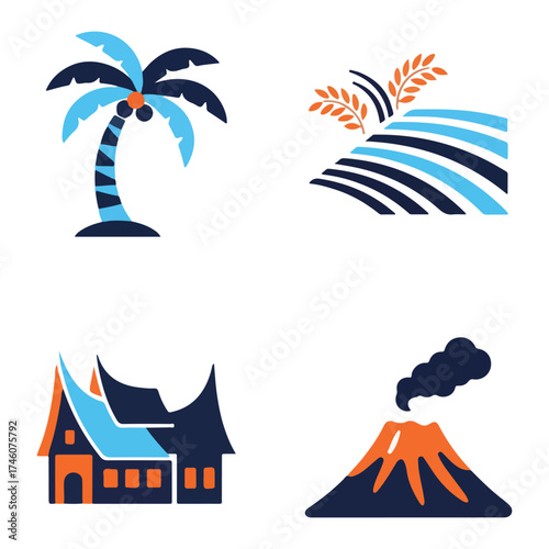Icons representing nature, agriculture, architecture, and volcanic activity.
