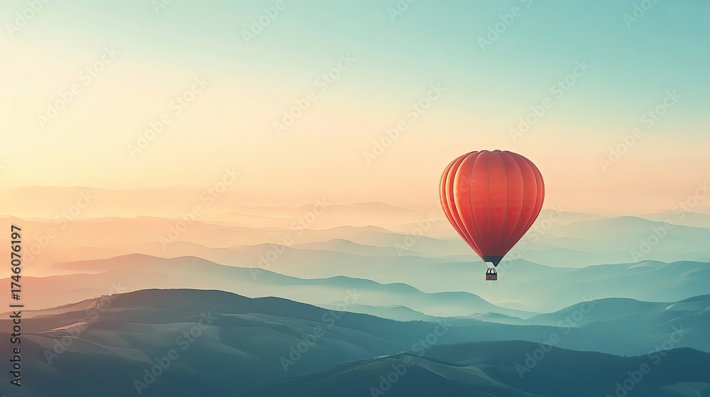Fototapeta premium A vibrant hot air balloon over serene mountains.