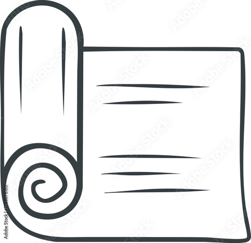 A simple line drawing of an unrolled scroll or document with visible text lines and a curled end.