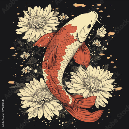 Koi carp and chrysanthemum flowers. Vector illustration. Tattoo print. Hand drawn illustration for t-shirt print, fabric and other uses. , vector style simple color