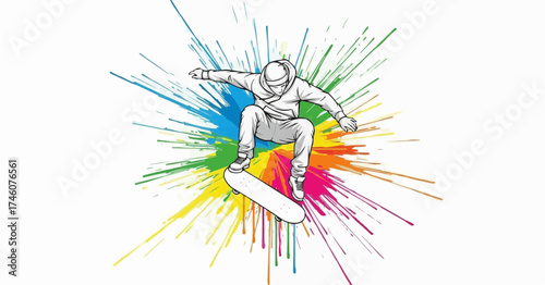 Dynamic skateboarder executing trick amidst vibrant paint burst, a surge of youthful energy
