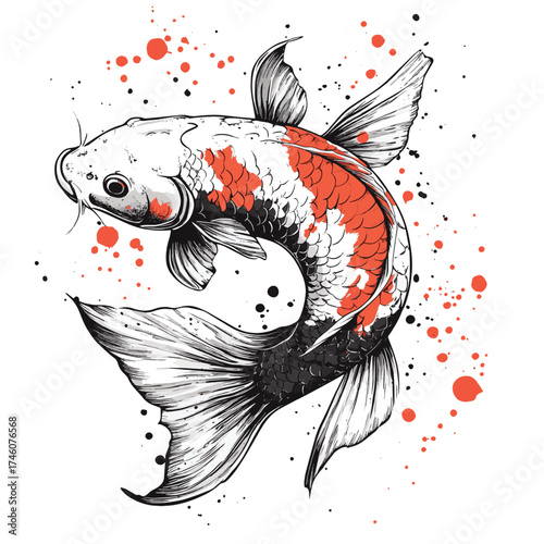 Koi carp swimming. Vector illustration. Tattoo print. Hand drawn illustration for t-shirt print, fabric and other uses. , vector style simple color