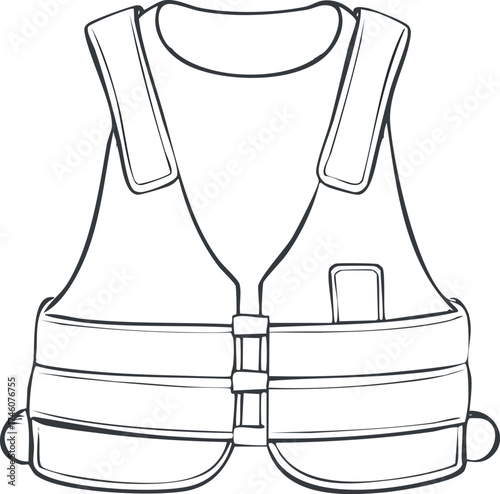 Simple line drawing of a safety vest, featuring straps and a pocket, ready for use.