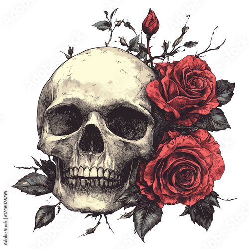 Human Skull and roses flowers hand drawn illustration. Sketch illustration. Tattoo vintage print. Skull and roses. T-shirt design. , vector style simple color