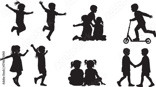 Children silhouette, playful kids, jumping, running, dancing, sitting, scooter riding, friendship, emotional bonding, outdoor fun, happy childhood, lifestyle concept