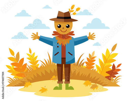 Scarecrow in autumn field vector illustration isolated on white background