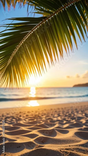 Relaxing tropical beach with palm leaf and glowing sunset reflecting on ocean waves and golden sand