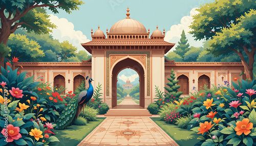A serene garden with a peacock, flowers, and an ornate building in the background.