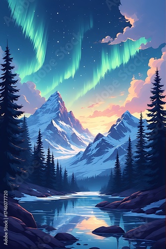 Enchanting aurora borealis dances above snow capped mountains reflected in a serene winter lake under a starry sky