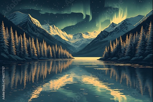 Majestic northern lights illuminate a serene mountain lake reflecting the aurora borealis and snow capped peaks in a breathtaking natural spectacle