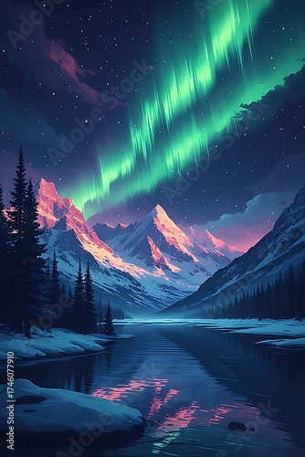 Vibrant aurora borealis dances above snow capped mountains reflected in a serene frozen lake under a starry night sky