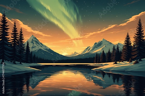Majestic aurora borealis illuminates snow capped mountains reflecting in a serene arctic lake under a twilight sky