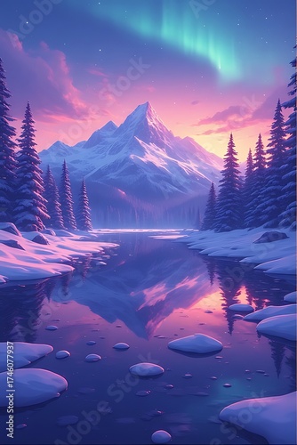 Enchanting aurora borealis illuminates a serene winter landscape with snow covered mountains and a reflective frozen lake
