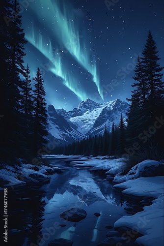 Majestic aurora borealis shimmers over snow covered mountains reflected in a frozen lake amidst a dark starry night sky