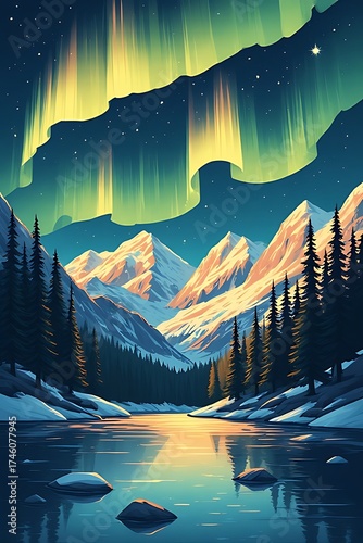Majestic aurora borealis illuminates snow capped mountains and a tranquil frozen lake reflecting the vibrant celestial display in a breathtaking winter landscape