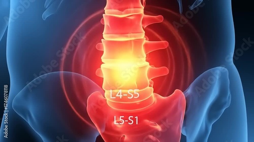Detailed illustration of human spine highlighting lumbar region pain between L4-S5 and L5-S1
