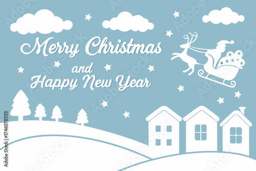 winter landscape with christmas tree. Merry Christmas and Happy New Year paper art vector illustration. Winter landscape with Santa Claus sleigh flying over a snowy village. Christmas greeting card.