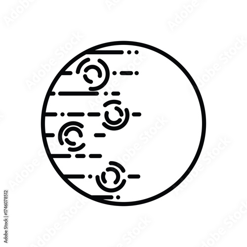 A black and white circular graphic depicting a celestial body with circular features and dashes