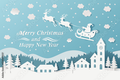 winter landscape with christmas tree. Merry Christmas and Happy New Year paper art vector illustration. Winter landscape with Santa Claus sleigh flying over a snowy village. Christmas greeting card.
