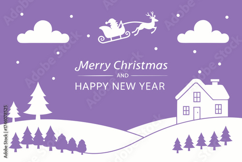 winter landscape with christmas tree. Merry Christmas and Happy New Year paper art vector illustration. Winter landscape with Santa Claus sleigh flying over a snowy village. Christmas greeting card.