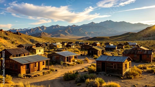 An old Western town nestled in a valley with surrounding mountain range on a clear day and cloud filled sky during golden hour.