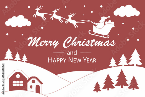 winter landscape with christmas tree. Merry Christmas and Happy New Year paper art vector illustration. Winter landscape with Santa Claus sleigh flying over a snowy village. Christmas greeting card.