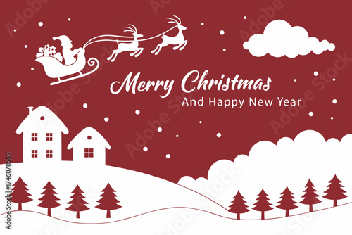 winter landscape with christmas tree. Merry Christmas and Happy New Year paper art vector illustration. Winter landscape with Santa Claus sleigh flying over a snowy village. Christmas greeting card.