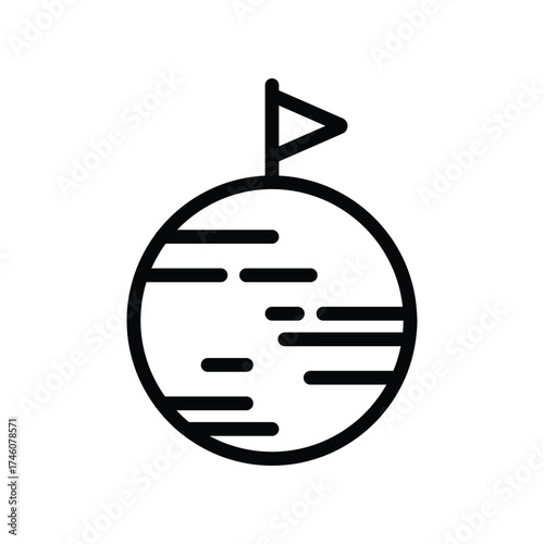 A black and white icon depicting a planet with horizontal lines and a flagpole with a triangular flag on top