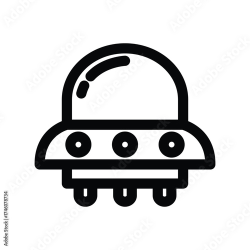 A black and white icon depicts a flying saucer circular in shape with three circular lights below and three semicircular landing gear