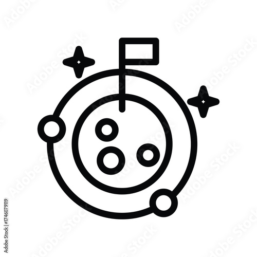 A black and white line drawing shows a moon with craters a flag three orbiting circles and two fourpointed stars