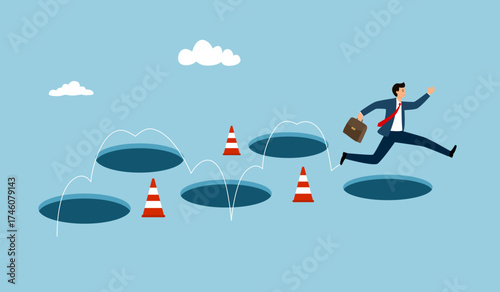 Smart businessman jump pass many pitfalls to achieve business success. Avoid pitfall, adversity and brave to jump pass mistake or business skill and creativity to solve problem.